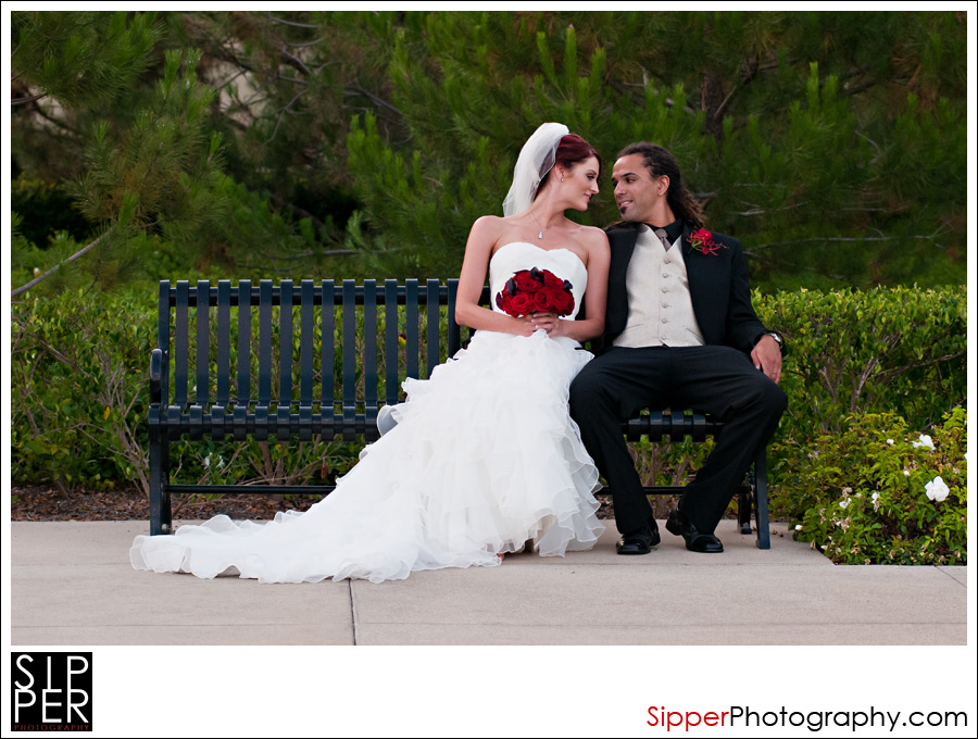 Bride and Groom sitting on a bench, Irvine CA