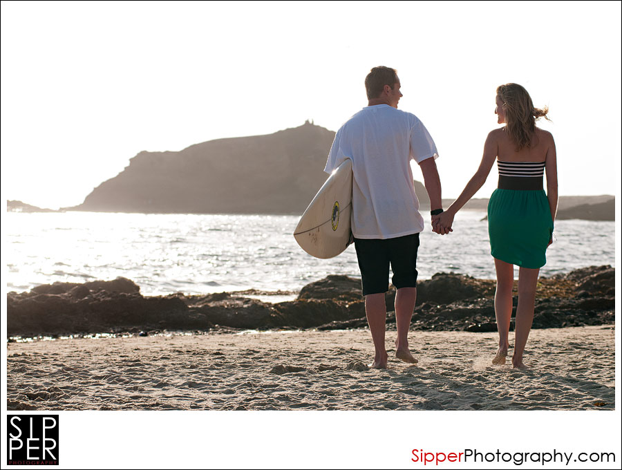 Beach Engagement Photo with Surfboard