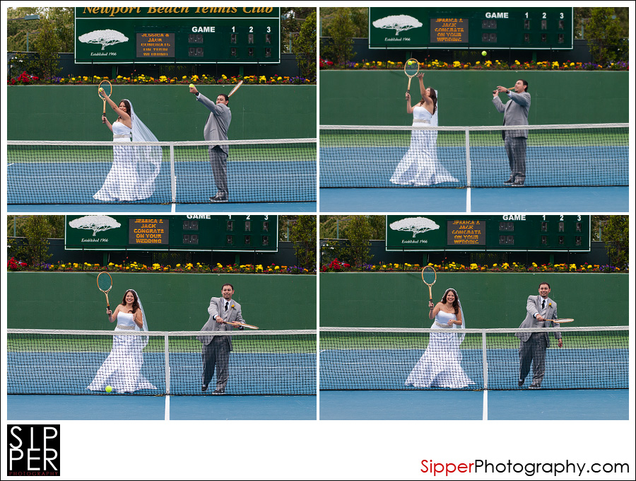 Bride and Groom Play Tennis